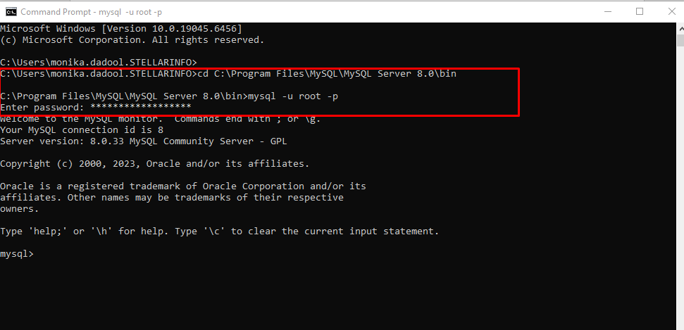 command to connect your MySQL server in CMD